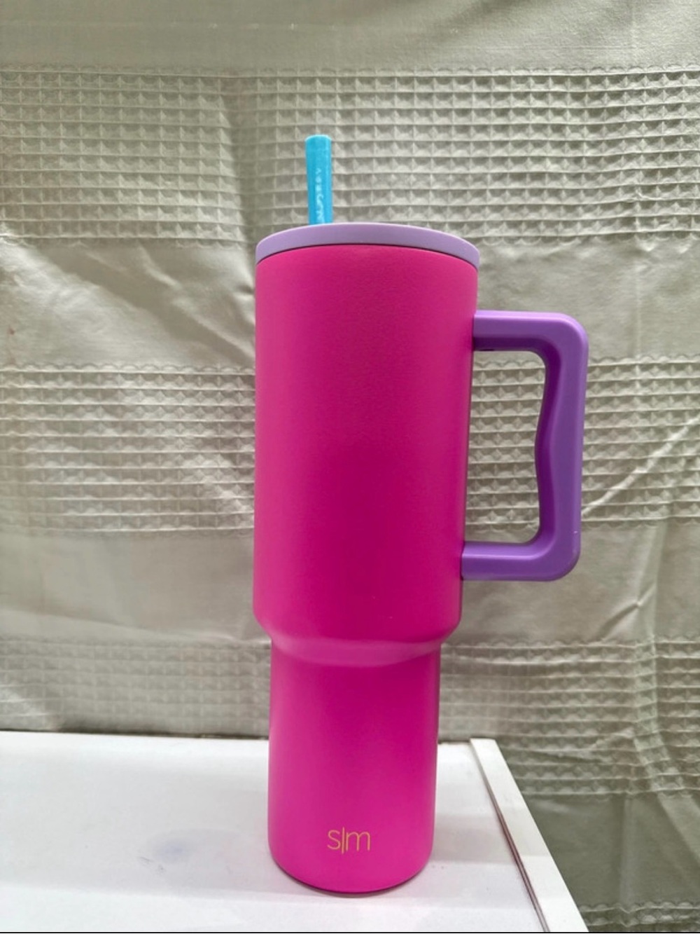 Hot Pink Travel Tumbler with Purple Handle and Straw